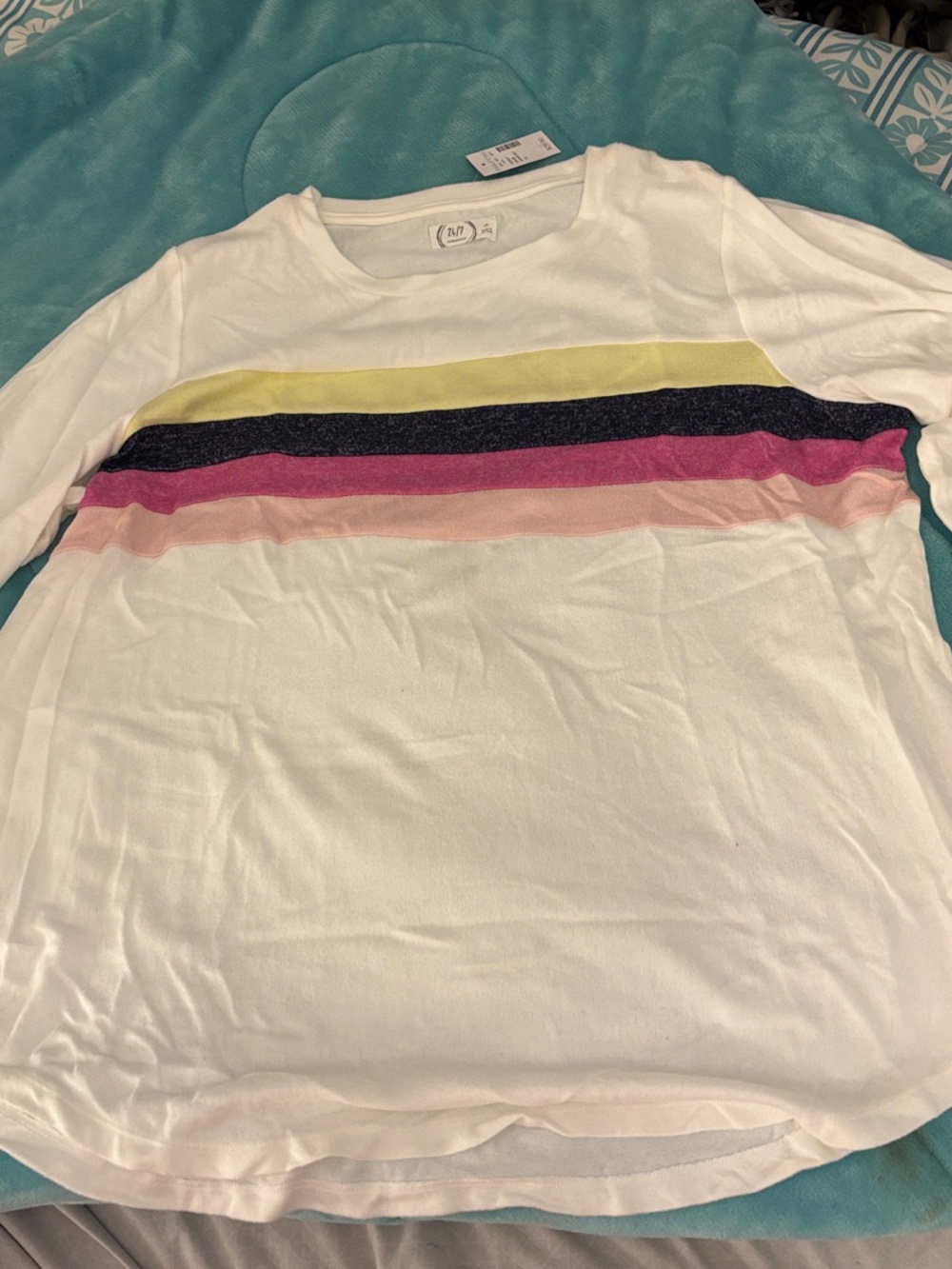 Maurices White Crew Neck Sweater with Yellow, Navy and Pink Stripes